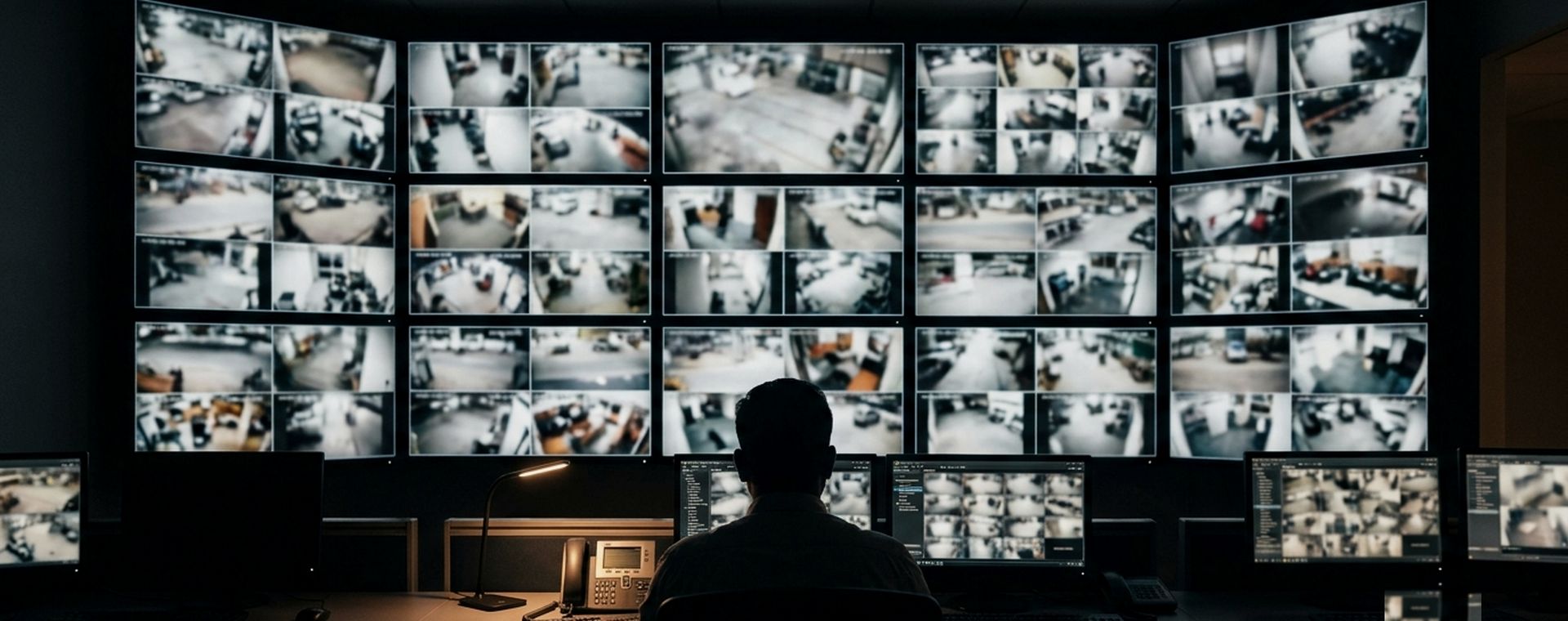 Security control room with a wall of camera feeds
