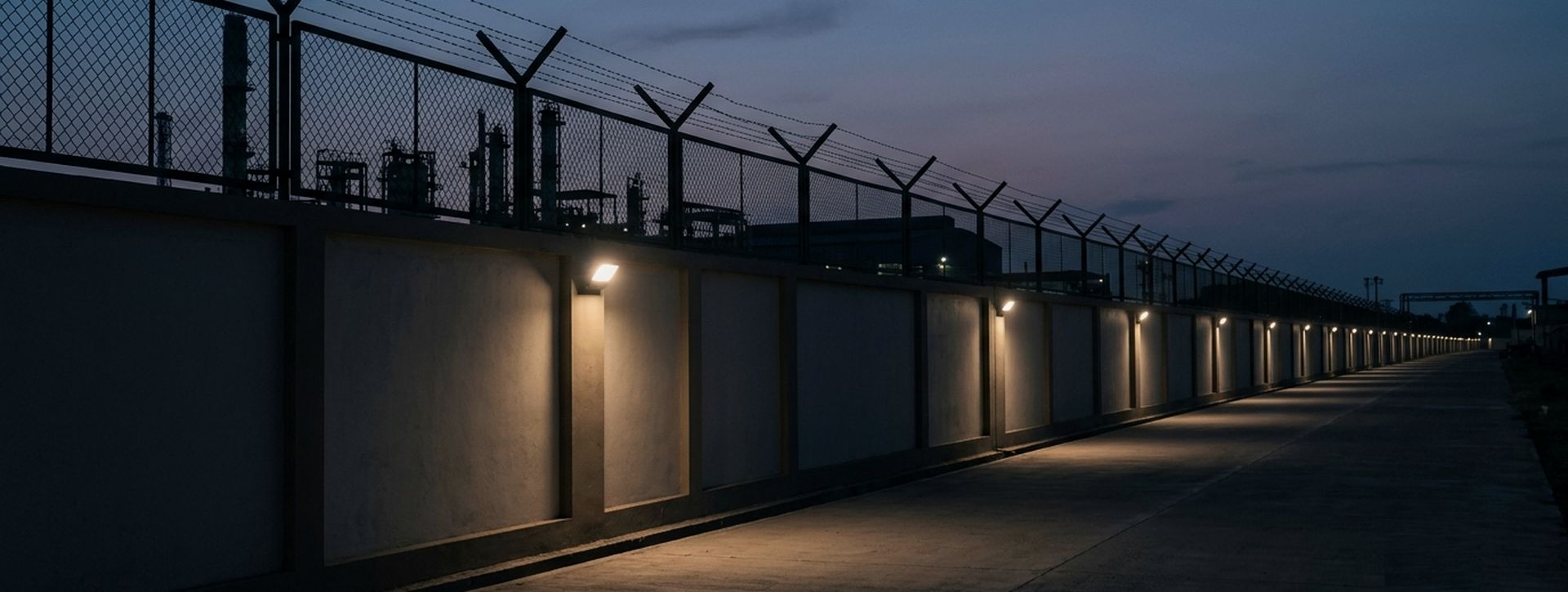 Floodlit compound wall with security fencing at dusk