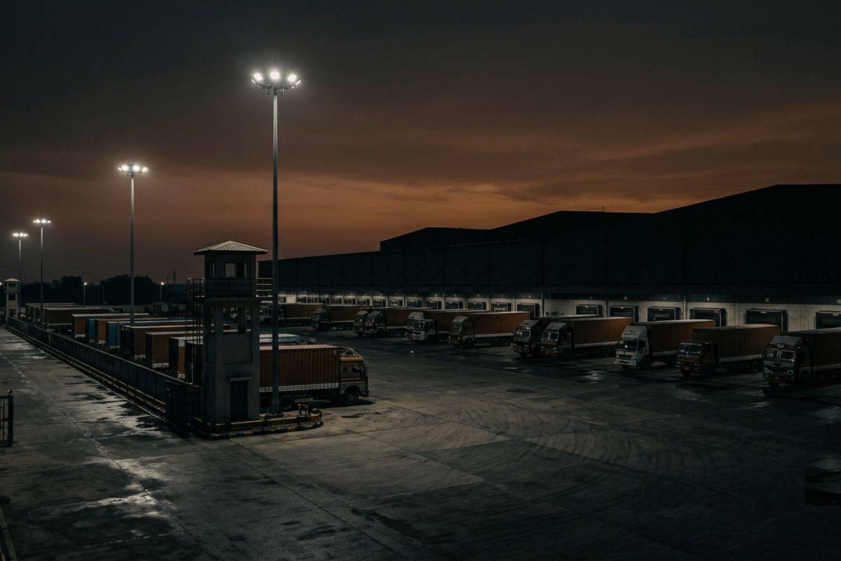 Logistics yard with trucks at loading docks under floodlights