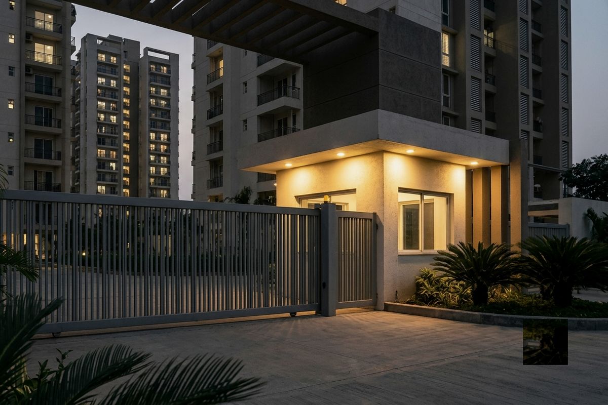 Apartment complex entrance with automated gate at evening